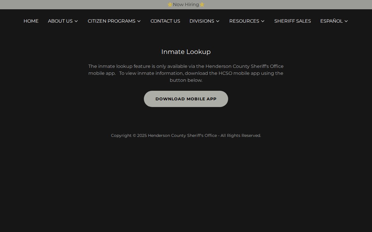 Henderson County Sheriff inmate lookup notice directing users to the official app