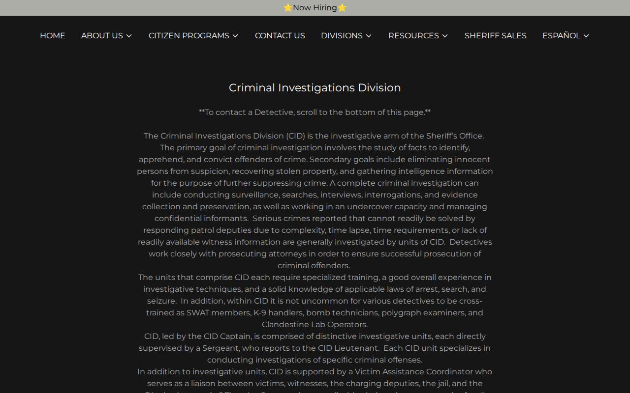 Henderson County Sheriff criminal investigations page showing outstanding warrant function